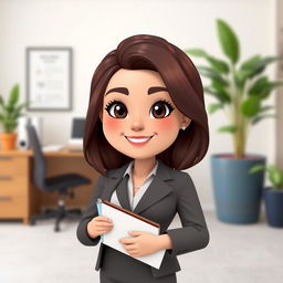 A Bitmoji-style character of a woman dressed in professional office attire, exuding confidence and approachability