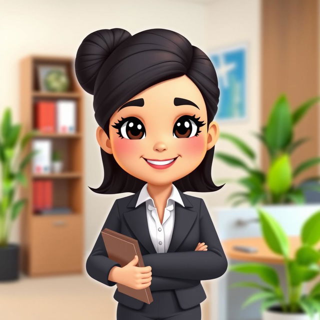 A Bitmoji-style character of a woman dressed in professional office attire, exuding confidence and approachability