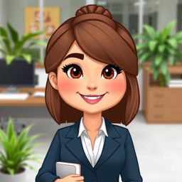 A Bitmoji-style character of a woman dressed in professional office attire, exuding confidence and approachability