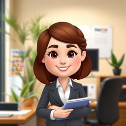A Bitmoji-style character of a woman dressed in professional office attire, exuding confidence and approachability