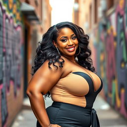 A confident and beautiful black woman with curves, showcasing her voluptuous figure and big butt