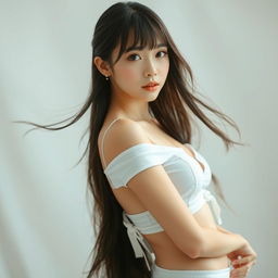 A beautiful Korean girl with long, flowing hair and bangs, wearing a stylish white top and matching white underwear