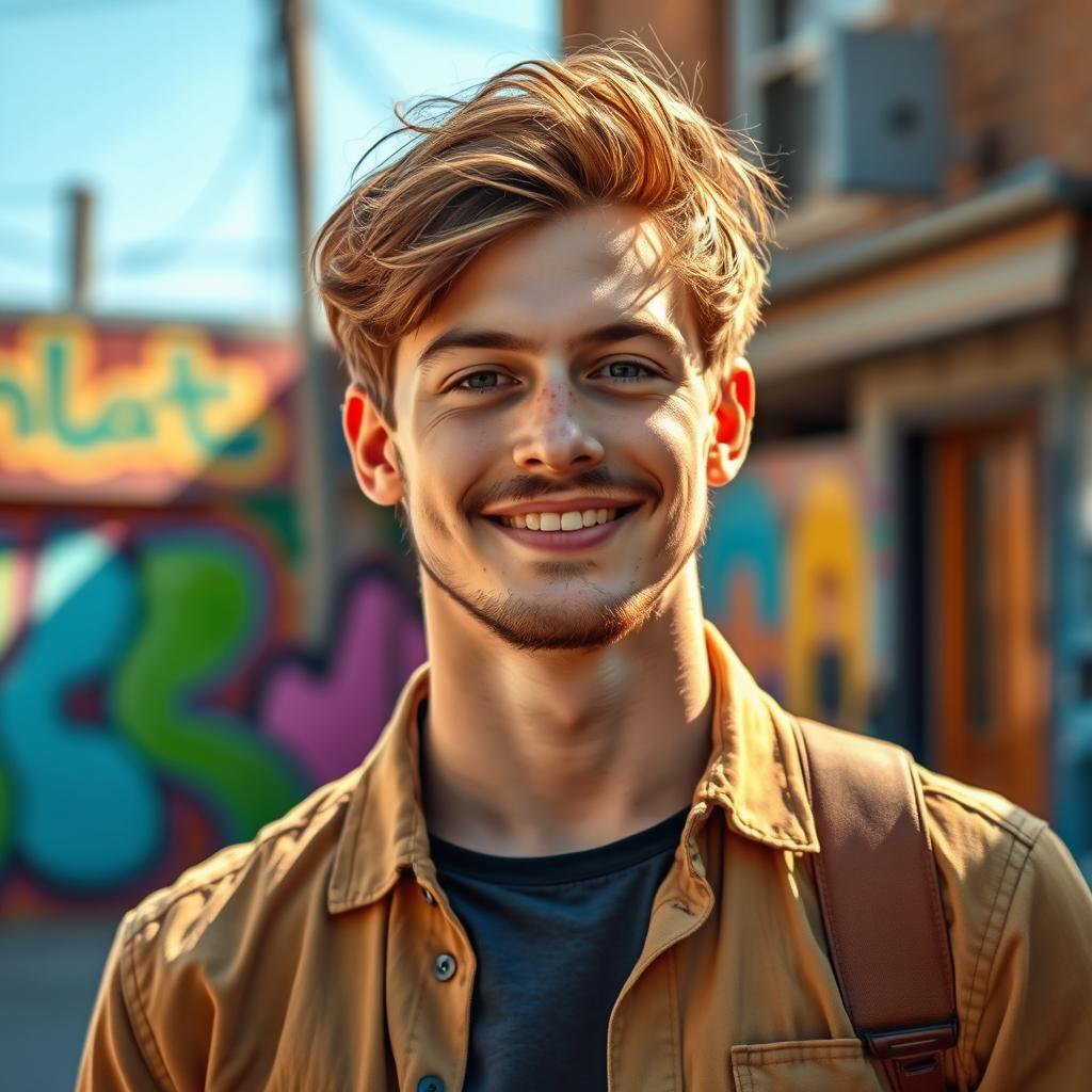A 23-year-old young man with a light beard, smiling confidently, dressed in a casual yet stylish outfit, standing in a vibrant urban setting with colorful street art in the background