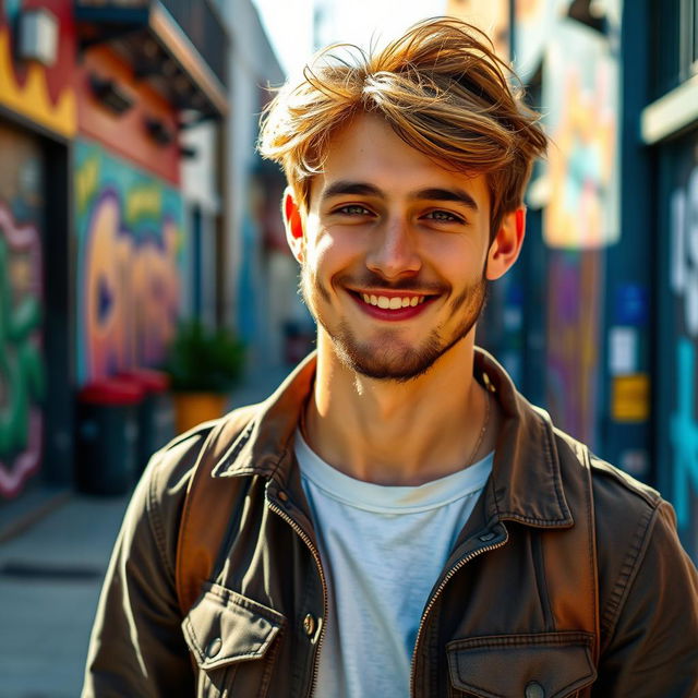 A 23-year-old young man with a light beard, smiling confidently, dressed in a casual yet stylish outfit, standing in a vibrant urban setting with colorful street art in the background