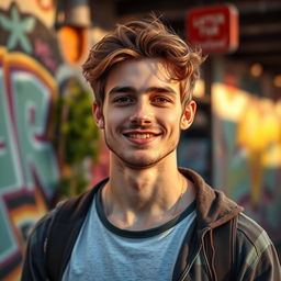 A 23-year-old young man with a light beard, smiling confidently, dressed in a casual yet stylish outfit, standing in a vibrant urban setting with colorful street art in the background