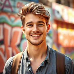 A 23-year-old young man with a light beard, smiling confidently, dressed in a casual yet stylish outfit, standing in a vibrant urban setting with colorful street art in the background