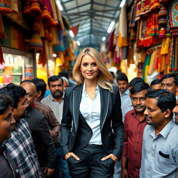 A corporate blonde woman standing confidently among a bustling, diverse crowd of Indian men outside a vibrant, colorful market filled with various stalls selling cheap goods