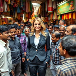 A corporate blonde woman standing confidently among a bustling, diverse crowd of Indian men outside a vibrant, colorful market filled with various stalls selling cheap goods