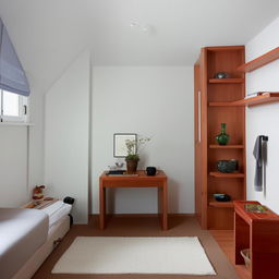 A compact, well-organized single man's room featuring a comfortable bed, a functional shelf, a sturdy table, and a cozy floor mat.