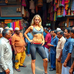 A fitness-focused blonde woman with a toned physique and prominent features standing confidently among a vibrant crowd of Indian men outside a bustling market filled with colorful stalls