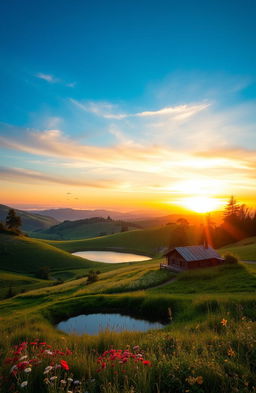 a tranquil countryside landscape at sunset, with rolling hills covered in lush greenery and wildflowers, a small tranquil lake reflecting the vibrant hues of the sky, a wooden cabin nestled among the trees, birds flying in the distance, soft gentle lighting creating a warm and inviting atmosphere