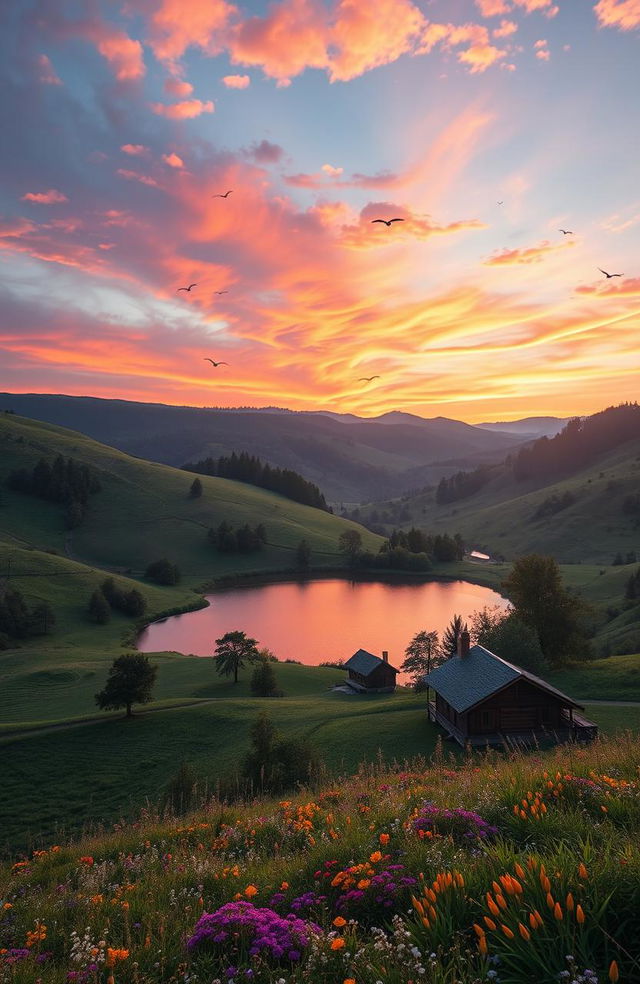 a tranquil countryside landscape at sunset, with rolling hills covered in lush greenery and wildflowers, a small tranquil lake reflecting the vibrant hues of the sky, a wooden cabin nestled among the trees, birds flying in the distance, soft gentle lighting creating a warm and inviting atmosphere