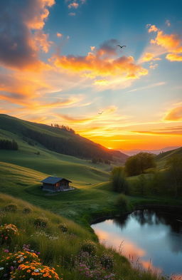 a tranquil countryside landscape at sunset, with rolling hills covered in lush greenery and wildflowers, a small tranquil lake reflecting the vibrant hues of the sky, a wooden cabin nestled among the trees, birds flying in the distance, soft gentle lighting creating a warm and inviting atmosphere