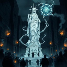 An illustration of a majestic statue of Mystra, the goddess of magic, standing proudly in the center of a grim prison city