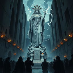 An illustration of a majestic statue of Mystra, the goddess of magic, standing proudly in the center of a grim prison city