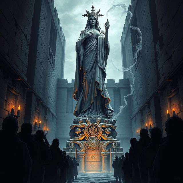 An illustration of a majestic statue of Mystra, the goddess of magic, standing proudly in the center of a grim prison city