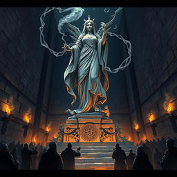 An illustration of a majestic statue of Mystra, the goddess of magic, standing proudly in the center of a grim prison city