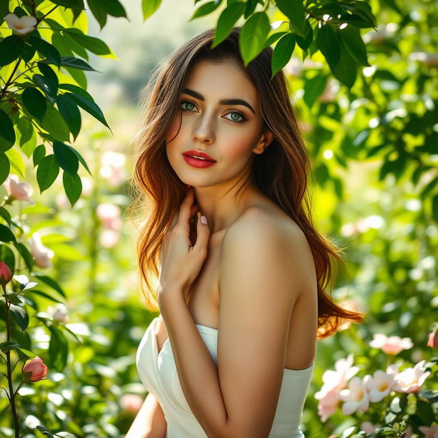 A graceful, elegant woman posed naturally in a serene garden, surrounded by lush greenery and blooming flowers