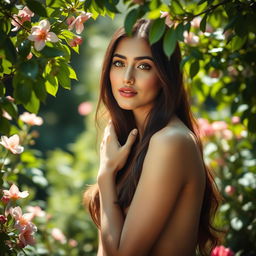 A graceful, elegant woman posed naturally in a serene garden, surrounded by lush greenery and blooming flowers