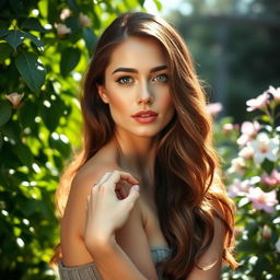 A graceful, elegant woman posed naturally in a serene garden, surrounded by lush greenery and blooming flowers