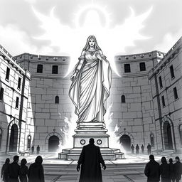 An illustration sketch of a grand statue of Mystra, the goddess of magic, standing in the center of a plaza within a rugged prison city