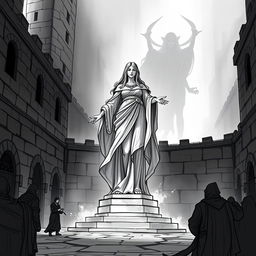 An illustration sketch of a grand statue of Mystra, the goddess of magic, standing in the center of a plaza within a rugged prison city