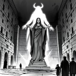An illustration sketch of a grand statue of Mystra, the goddess of magic, standing in the center of a plaza within a rugged prison city