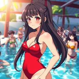 A captivating anime-style illustration of a woman with long, dark hair featuring red tips, striking red eyes, wearing a vibrant red swimsuit