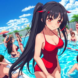 A captivating anime-style illustration of a woman with long, dark hair featuring red tips, striking red eyes, wearing a vibrant red swimsuit