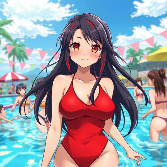 A captivating anime-style illustration of a woman with long, dark hair featuring red tips, striking red eyes, wearing a vibrant red swimsuit