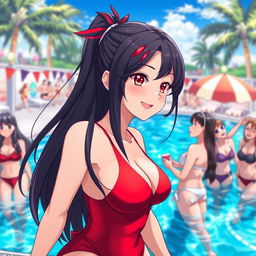 A captivating anime-style illustration of a woman with long, dark hair featuring red tips, striking red eyes, wearing a vibrant red swimsuit