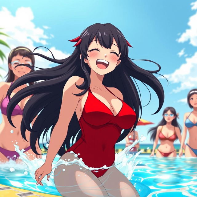 A cheerful anime woman with long black hair featuring red tips, large and voluptuous body, wearing a vibrant red swimsuit