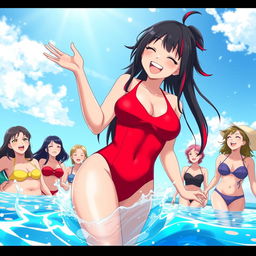 A cheerful anime woman with long black hair featuring red tips, large and voluptuous body, wearing a vibrant red swimsuit