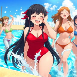 A cheerful anime woman with long black hair featuring red tips, large and voluptuous body, wearing a vibrant red swimsuit
