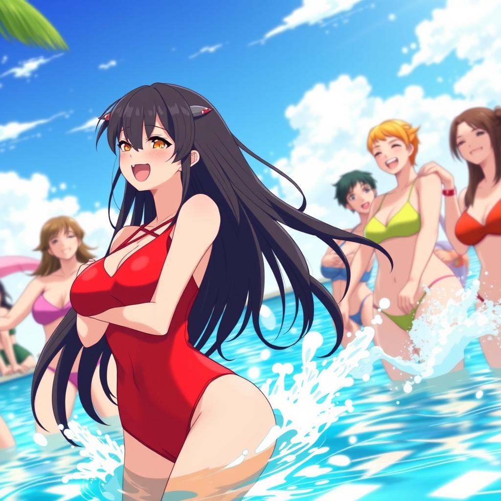 A cheerful anime woman with long black hair featuring red tips, large and voluptuous body, wearing a vibrant red swimsuit