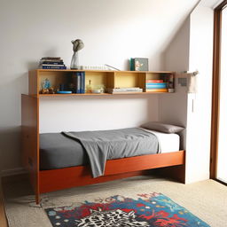 A compact, well-organized single man's room featuring a comfortable bed, a functional shelf, a sturdy table, and a cozy floor mat.