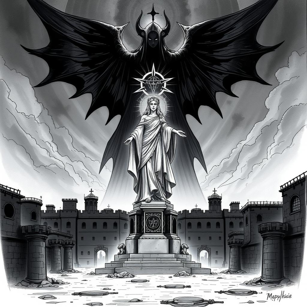 An illustration sketch of a grand statue of Mystra, the goddess of magic, prominently placed in the center of a bleak prison city