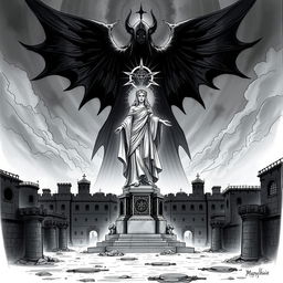 An illustration sketch of a grand statue of Mystra, the goddess of magic, prominently placed in the center of a bleak prison city