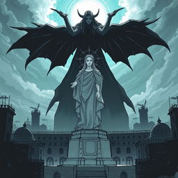 An illustration sketch of a grand statue of Mystra, the goddess of magic, prominently placed in the center of a bleak prison city