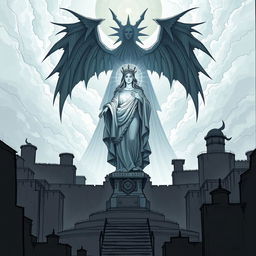 An illustration sketch of a grand statue of Mystra, the goddess of magic, prominently placed in the center of a bleak prison city
