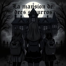 Three girls standing with their backs turned, filled in black, sporting backpacks