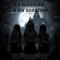 Three girls standing with their backs turned, filled in black, sporting backpacks