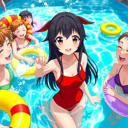 A vibrant anime girl with long black hair with red tips, big eyes that are bright red, wearing a striking red swimsuit