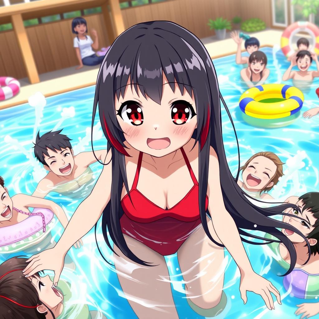 A vibrant anime girl with long black hair with red tips, big eyes that are bright red, wearing a striking red swimsuit