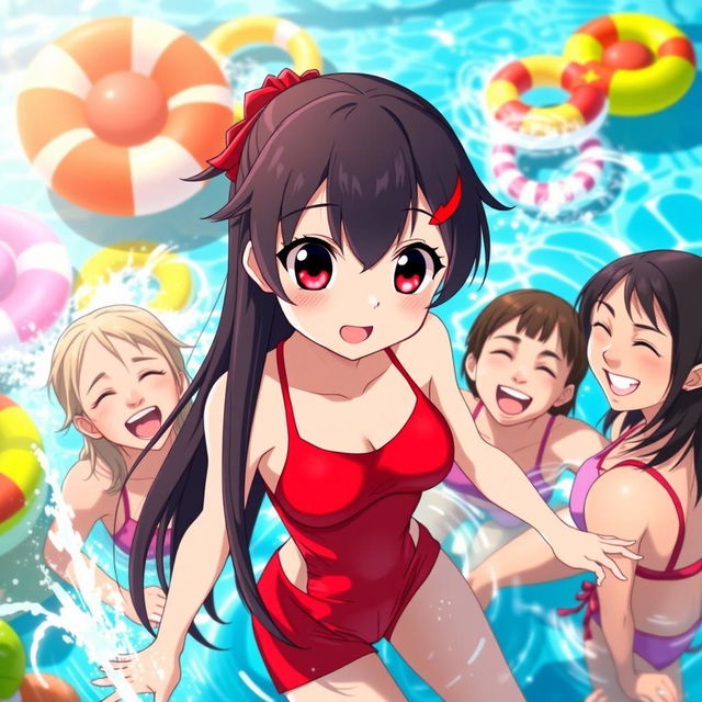 A vibrant anime girl with long black hair with red tips, big eyes that are bright red, wearing a striking red swimsuit