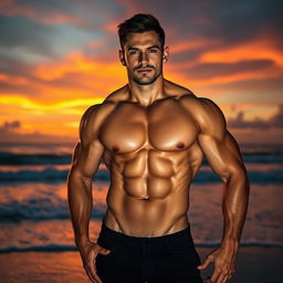 A muscular male figure standing confidently in a dramatic sunset on a beach