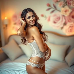 A sensual woman wearing alluring lingerie, posing elegantly in a soft-lit room