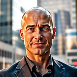 A bald man with a confident expression, wearing a stylish tailored suit, standing in an urban setting with modern skyscrapers in the background