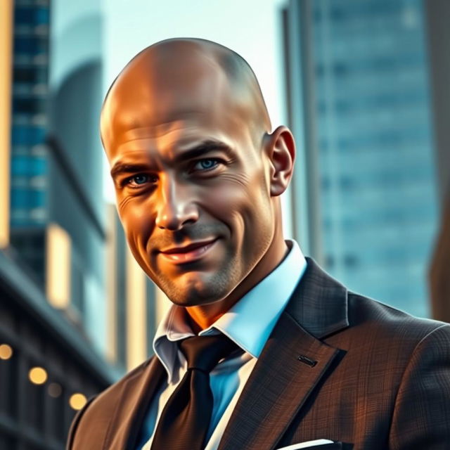 A bald man with a confident expression, wearing a stylish tailored suit, standing in an urban setting with modern skyscrapers in the background