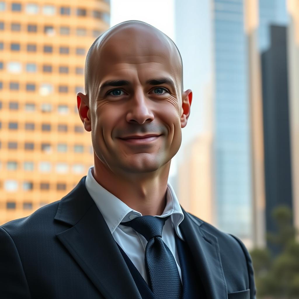 A bald man with a confident expression, wearing a stylish tailored suit, standing in an urban setting with modern skyscrapers in the background